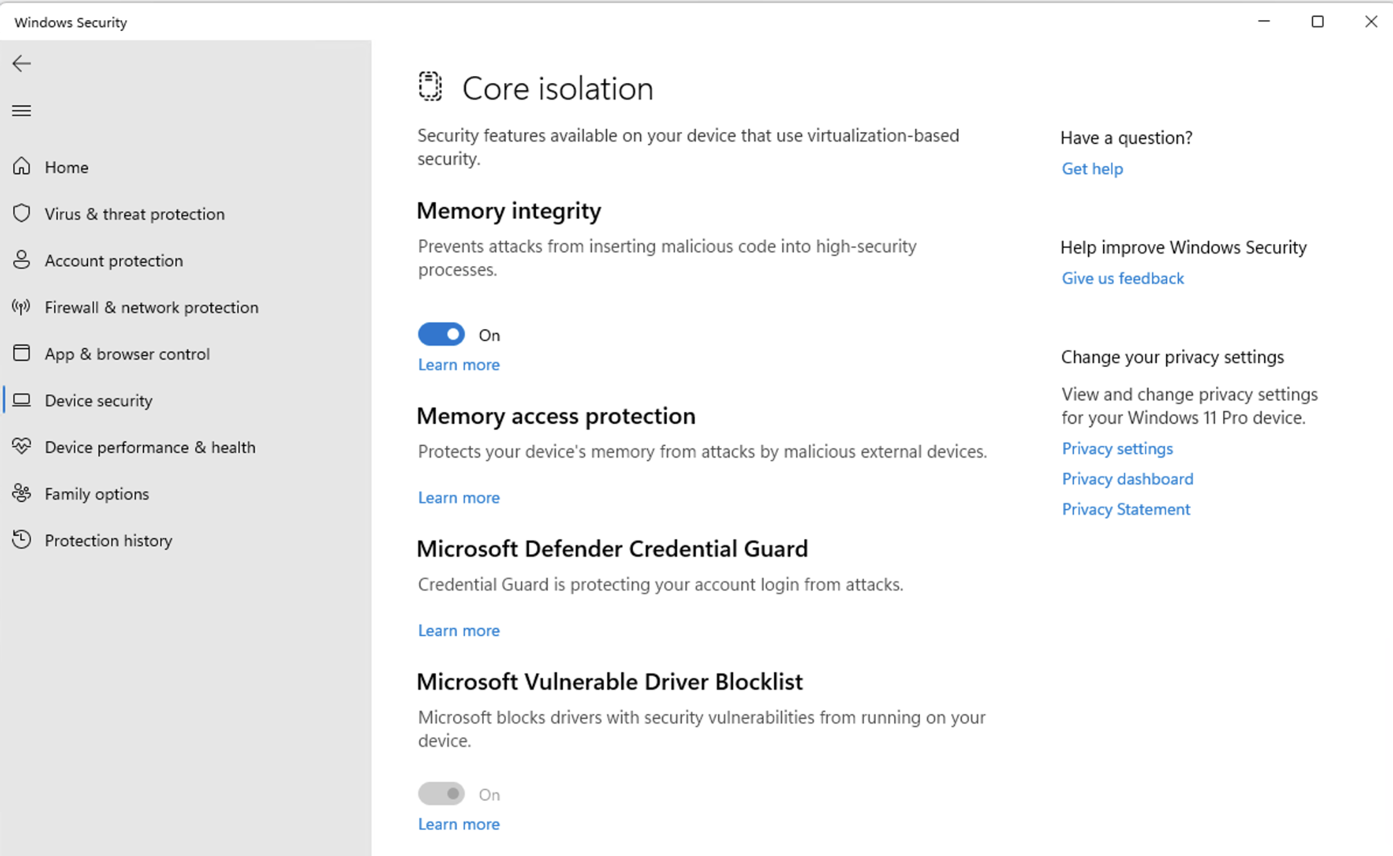 Enable Windows Defender Memory Integrity