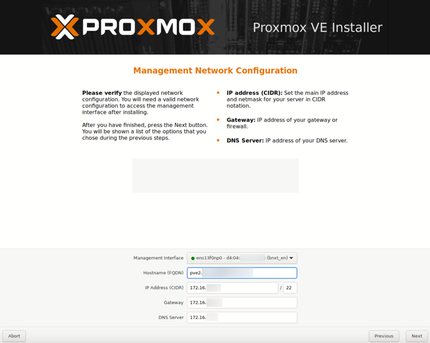 Network setup during Proxmox VE Setup