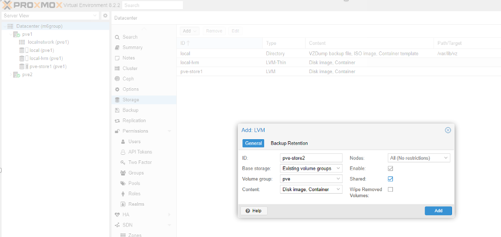 Add created LVM to the PVE cluster