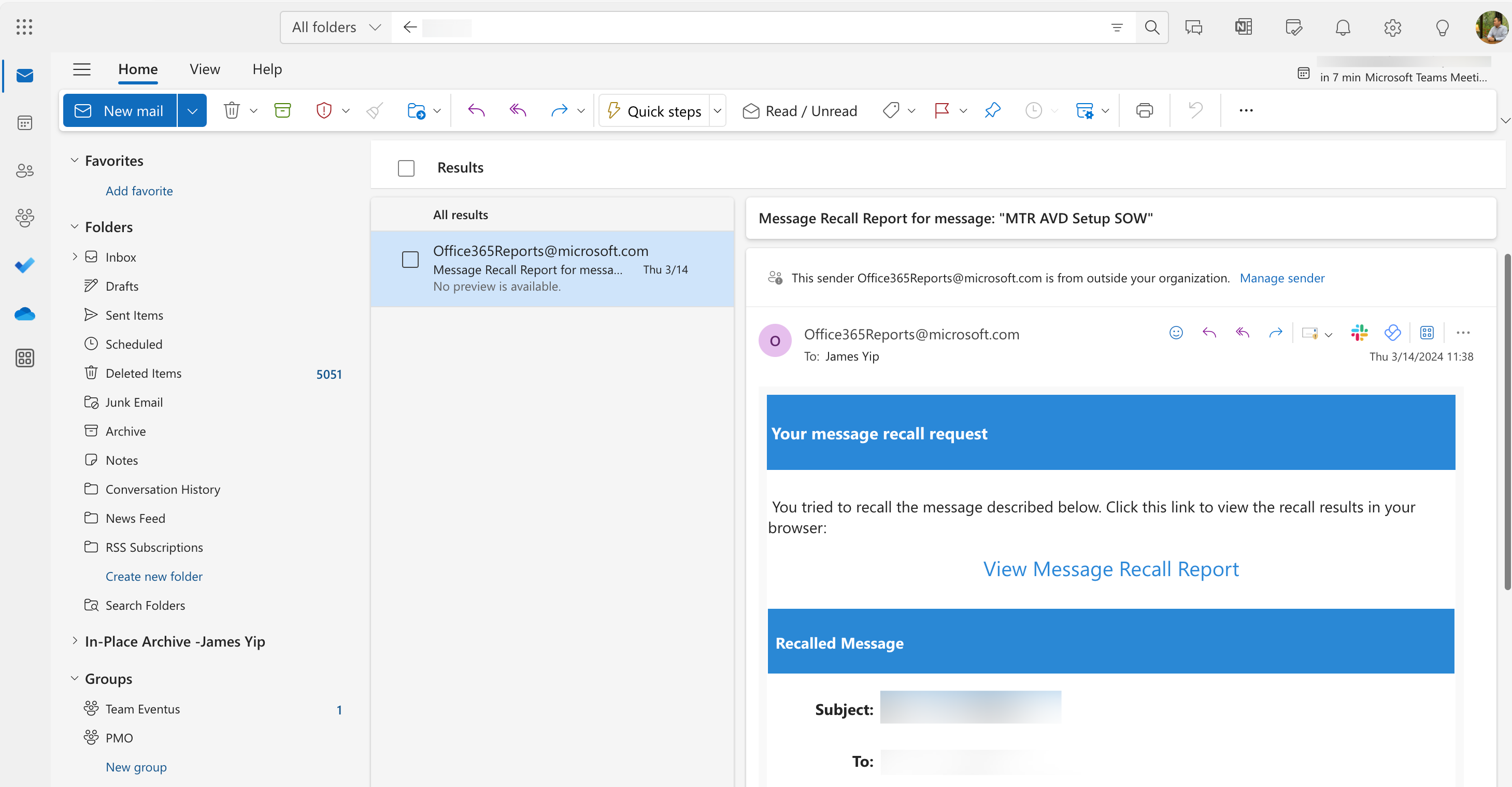 Recall report in M365 Outlook Web App